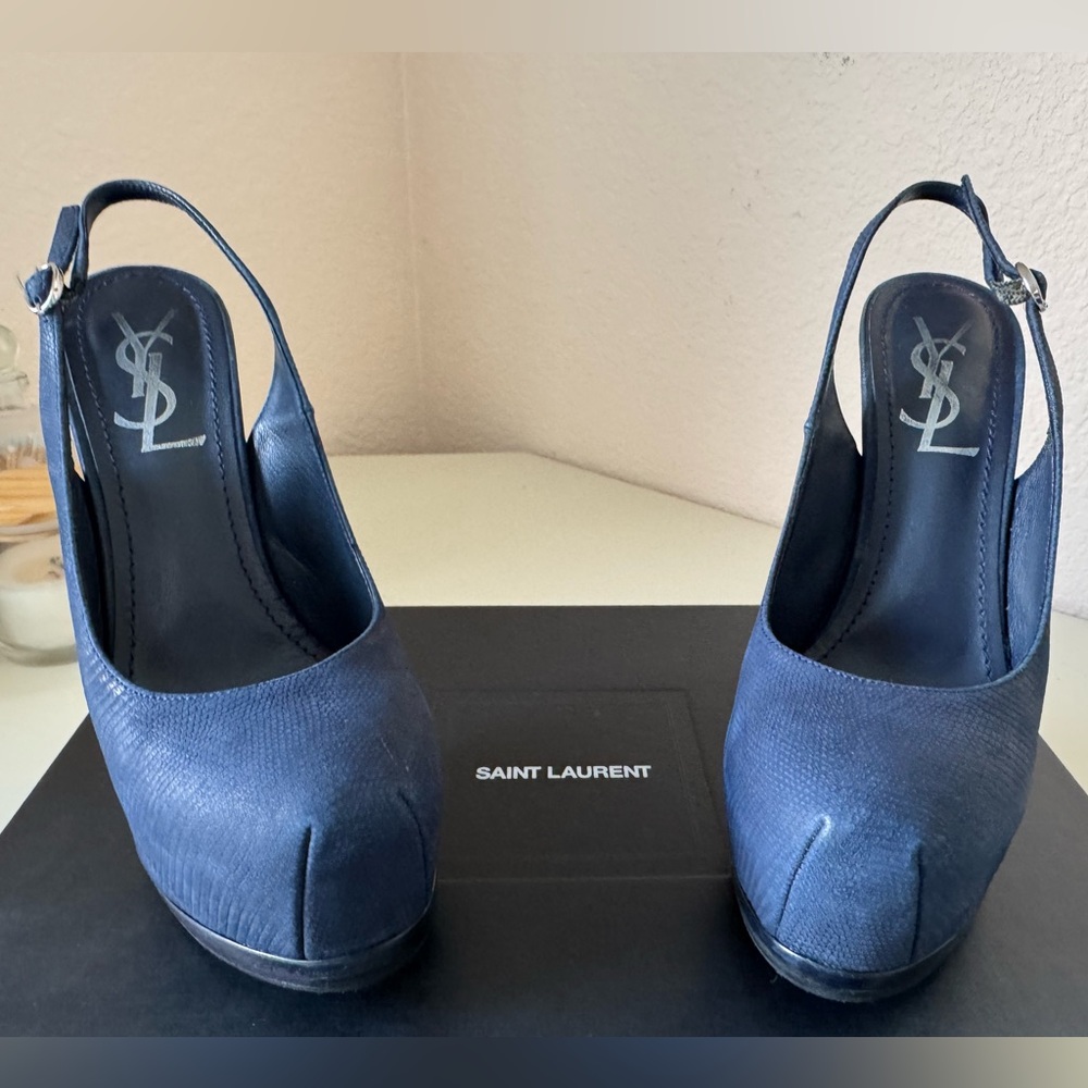 Saint Laurent Navy Blue Suede Tribtoo Slingback Heels 105mm